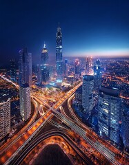 Fototapeta premium 都市の夜景_Modern city skyline at night, illuminated skyscrapers, light trails of cars