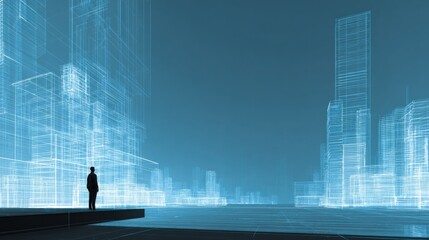 Futuristic Cityscape Visualization: Businessman Contemplates Digital Urban Development and Architectural Innovation in a Virtual Environment