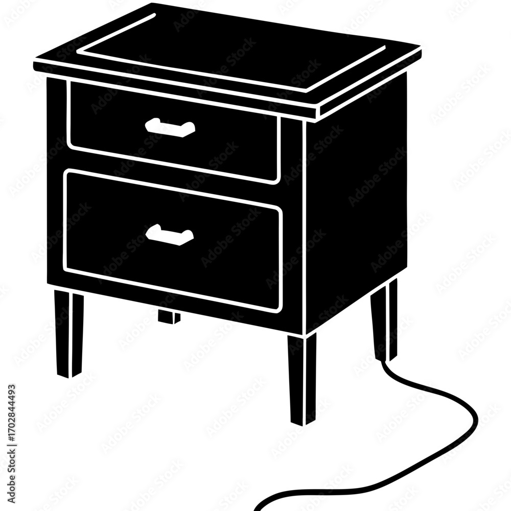 Aufkleber black silhouette of a two drawer nightstand with a cord extending from the base isolated on white ba