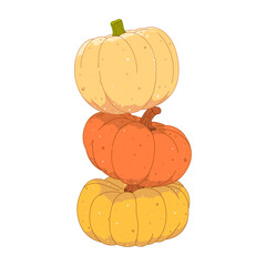 Stack of three pumpkins in different colors. Autumn harvest illustration, perfect for fall, Thanksgiving, or seasonal decorations.