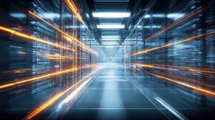 Data Center Visualization: Modern Server Room with Abstract Light Trails for High Tech Computing