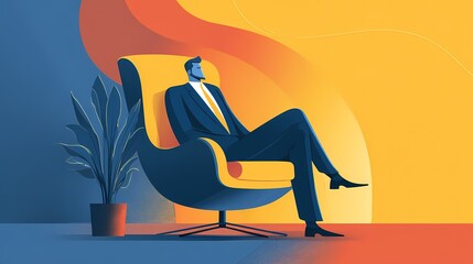An image of a businessman sitting comfortably in his chair, with a plant next to the chair.