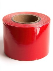 A close-up of a roll of vibrant red tape on a white background, ideal for packaging and crafts, This image can be utilized in projects related to DIY, shipping supplies, or festive decorations,