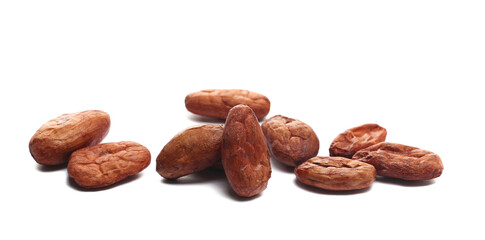 Raw cocoa beans isolated on white background, side view