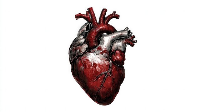 A detailed anatomical heart illustration, perfect for medical or educational materials, health-related blogs, or artwork focused on biology and wellness, It showcases the heart's structure vividly,