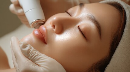 Close-up of a woman receiving a professional facial treatment, enhancing skin radiance and youthful appearance