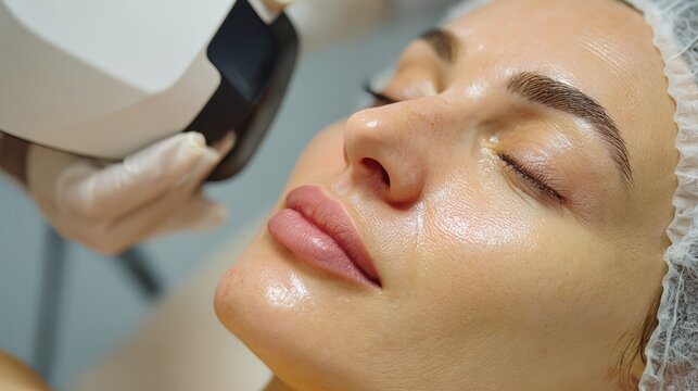 Woman Receiving Laser Skin Treatment for Facial Rejuvenation and Complexion Improvement at a Clinic