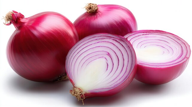 Fresh red onions are artfully arranged, showcasing their vibrant color and layered texture, Ideal for culinary blogs, recipe cards, or health articles focusing on nutrition and garnishing,
