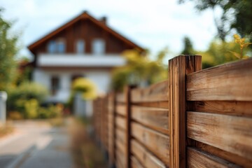 Wooden Fence in Residential Area with House Blurred in the Background on Sunny Day