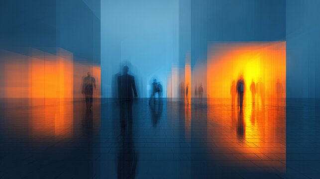 Abstract Blurred Figures in Blue and Orange Tones, Representing Movement and Modern Urban Life - Powered by Adobe