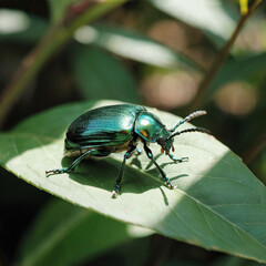 Naklejka premium A macro close-up of a shiny green beetle insect on a green leaf