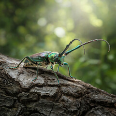 Closeup of a small green beetle on a leaf, its antennae visible against the green background