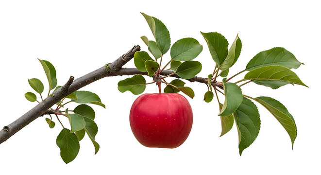 Single red apple on a branch with leaves fruit