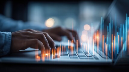 Close-up of hands typing on a laptop with data graph overlays, representing business analytics and digital technology