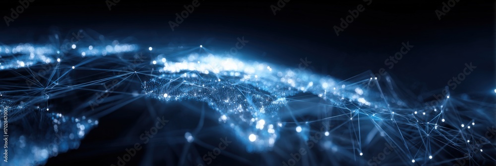 Poster abstract neural network connection background with blue glowing dots for technology and science conc