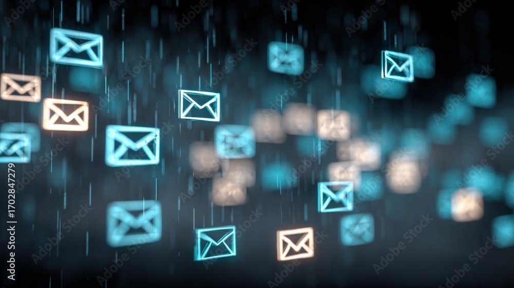 Poster digital email stream: envelopes floating in cyber space representing electronic mail and communicati