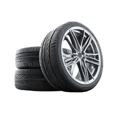 Stacked car tires with alloy rims.  Three tires,  dark gray tread,  silver rims,  close-up view,  isolated on black background