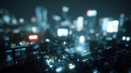 Futuristic Cityscape with Abstract Technology Overlay, High-Tech Urban Design, Science Fiction Architecture in Blue Tone