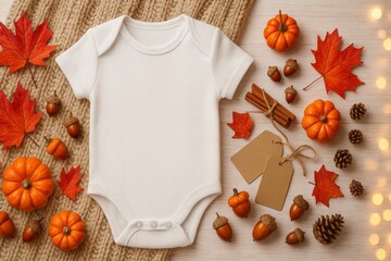 Hyper-realistic mockup of an autumn baby bodysuit with fall decorations for posts and banners