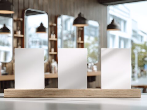 Three Blank Cards in a Barber Shop Setting Displaying Promotions or Price List Information
