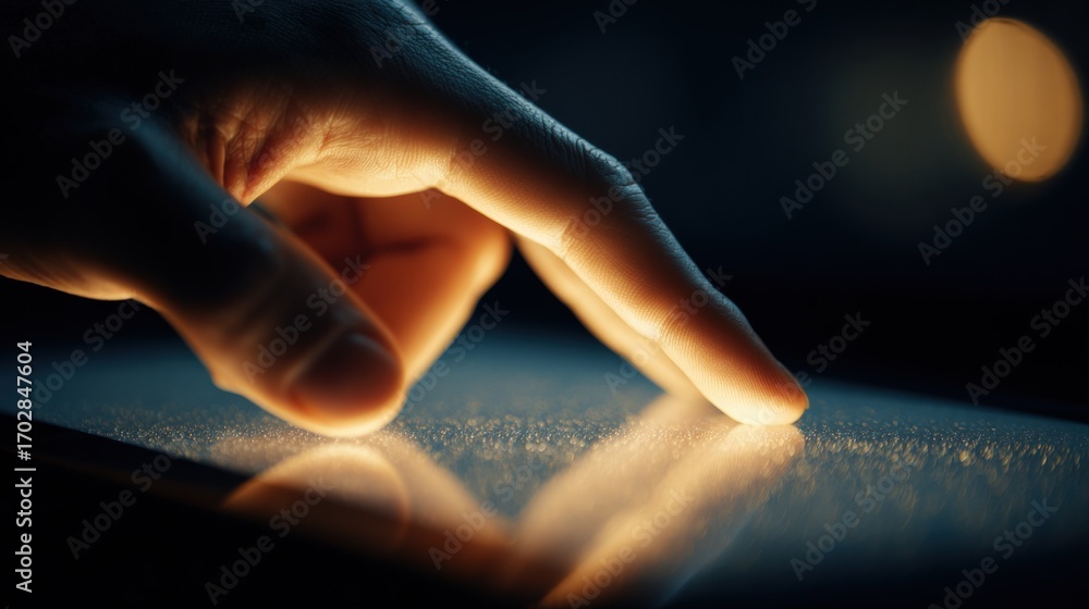 Poster hand interacting with a touchscreen device reflecting light in a dark environment close-up