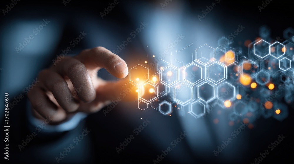 Poster interactive digital interface: person touching abstract hexagon network, representing future technol