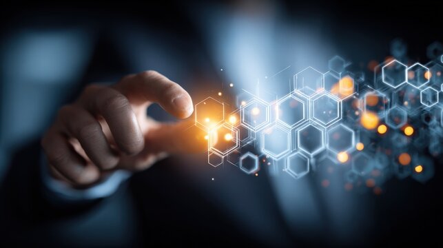Interactive Digital Interface: Person Touching Abstract Hexagon Network, Representing Future Technology and Innovative Connectivity Solutions - Powered by Adobe