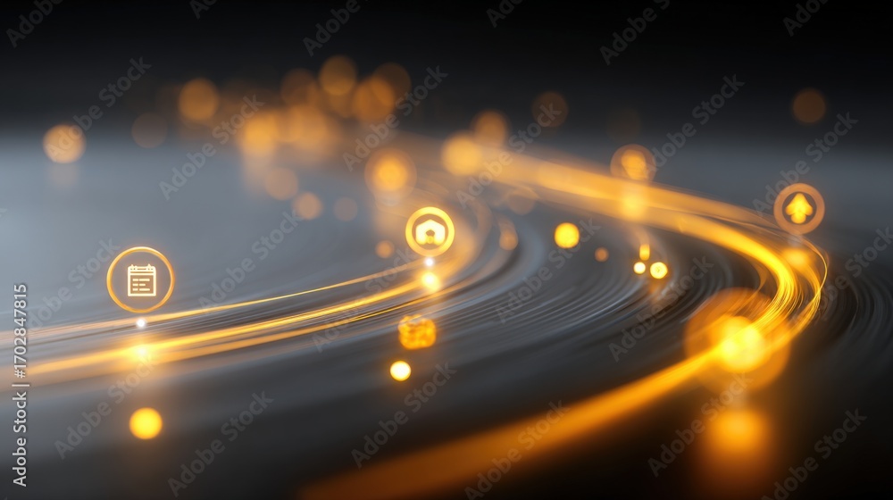 Poster abstract technology background with glowing digital icons and dynamic light trails symbolizing data 
