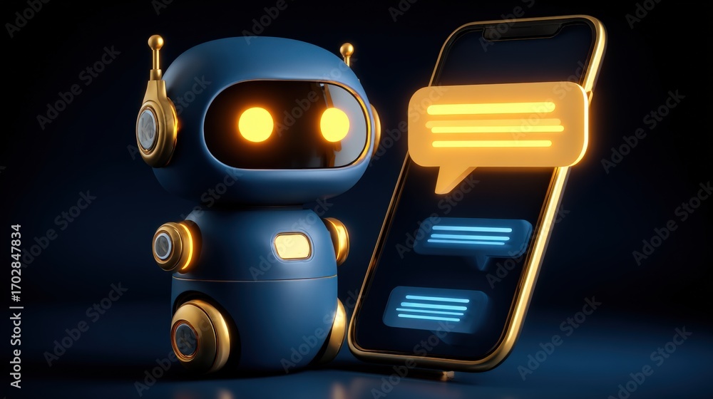 Poster adorable robot chatbot with glowing eyes interacting with a smartphone, emphasizing ai communication