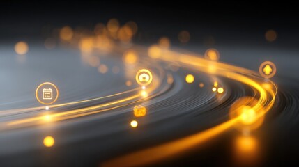 Abstract technology background with glowing digital icons and dynamic light trails symbolizing data flow and connectivity