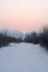 Fototapeta premium Beautiful winter landscape with snowy road, bare trees, and pastel sunrise over distant mountains, serene frosty scene perfect for seasonal background and peaceful wallpaper