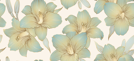 Luxury background with vintage lily flowers, buds and leaves seamless pattern. Hand drawn botanical elegant golden lily flower in line art style. Vector card, wedding invitation, wallpaper, cover