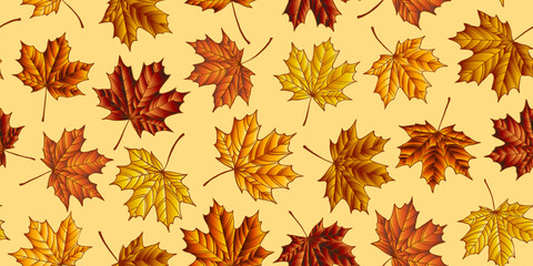 Fototapeta premium Maple leaves seamless pattern in hand-drawn vector style, warm orange color texture, perfect for autumn wrapping paper, textiles, backgrounds, seasonal products