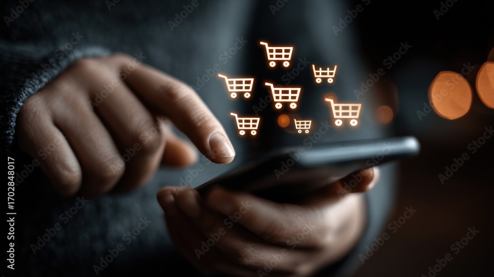 Poster online shopping: person using smartphone with shopping cart icons for e-commerce transactions and re