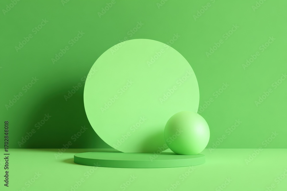 Poster monochrome green geometric composition: minimalist product display platform with circle backdrop and