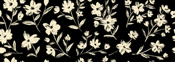 Leaves branch and Hand Drawn doodle Scribble floral plants banner, seamless pattern. Creative minimalist Abstract art background. Design wall decoration, postcard, poster or brochure