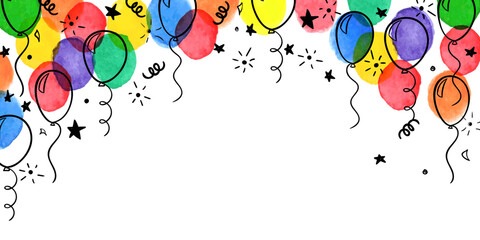 Obraz na płótnie Canvas birthday banner. frame hand drawn cartoon watercolor balloons symbols of birthday party. design holiday greeting card and invitation of birthday and holidays background