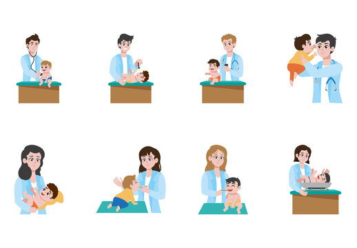 Colorful Baby Doctor Pediatric Health Care Illustrations Set