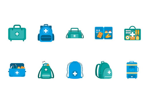 Colorful Emergency Bag First Aid Medical Healthcare Illustrations Set