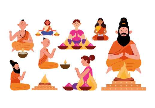 Colorful Havan People Ceremony Hindu Ritual Spiritual Illustrations Set
