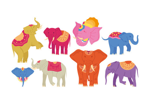 Colorful Hindu Elephant Indian Culture Ornament Illustrations Set