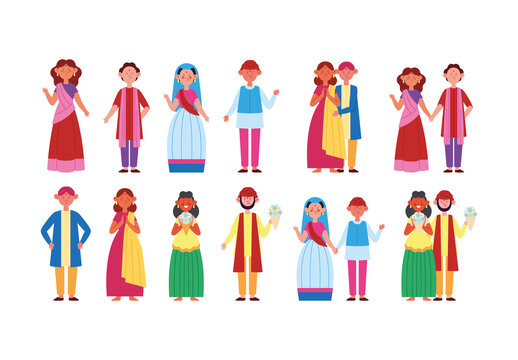 Colorful Hindu Wedding Couple Traditional Ceremony Illustrations Set