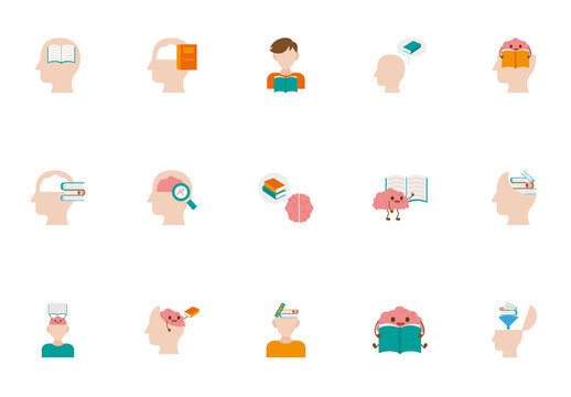 Colorful Mind Reading Education Brain Knowledge Learning Icons Set