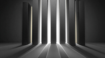 Gray textured wall with glowing light bars casts shadows, ideal as a virtual background or product display, branding, and modern digital design.