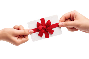Hands exchanging a gift card with a red ribbon