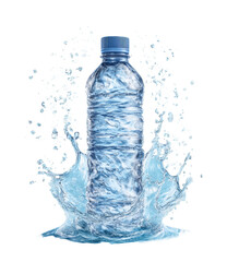 A plastic water bottle surrounded by a splash of water