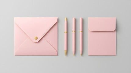 Flat lay of elegant pastel pink stationery set with envelope, pens, and notepad on neutral background, minimal office supplies and creative workspace concept