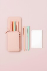 Minimal flat lay of pastel stationery set with pencil case, colorful pens, and blank notebook on soft pink background, creative workspace and school supply concept