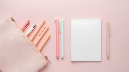 Minimal flat lay of pastel stationery set with pencil case, colorful pens, and blank notebook on soft pink background, creative workspace and school supply concept