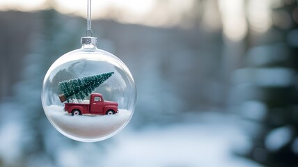 Festive christmas ornament with a miniature red truck carrying a pine tree inside a clear glass bauble